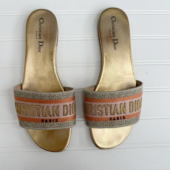 Christian Dior Dway 52K Platinum Gold Embroidered Logo Slide Mule Flat Sandal - Picture 8 of 8